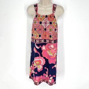 Trina Turk Floral Halter Mini Dress Sz 4 Lined Pink Navy Peach Retro Stretch